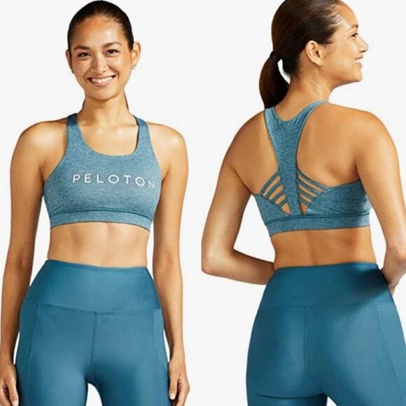 πͺ Peloton Strappy Sports Bra β Womenβs M β Heather Teal Blue β EUC (No Pads) - Picture 1 of 7